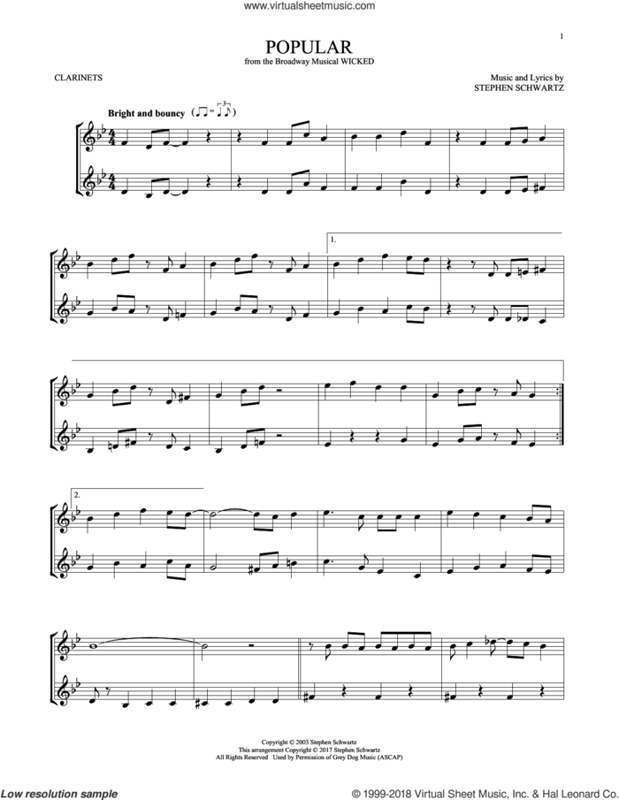 Popular (from Wicked) sheet music for two clarinets (duets) by Stephen Schwartz, intermediate skill level