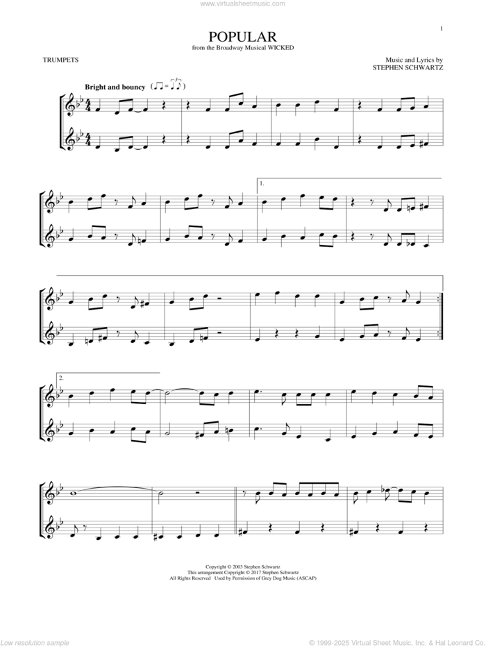 Popular (from Wicked) sheet music for two trumpets (duet, duets) by Stephen Schwartz, intermediate skill level