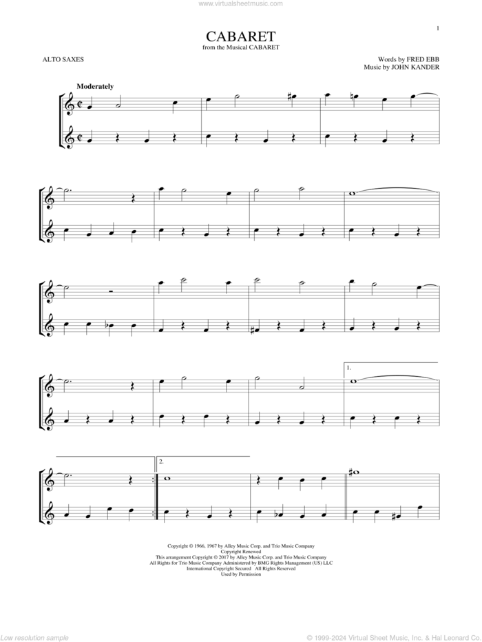 Cabaret sheet music for two alto saxophones (duets) by John Kander, Herb Alpert & The Tijuana Brass, Fred Ebb and Kander & Ebb, intermediate skill level