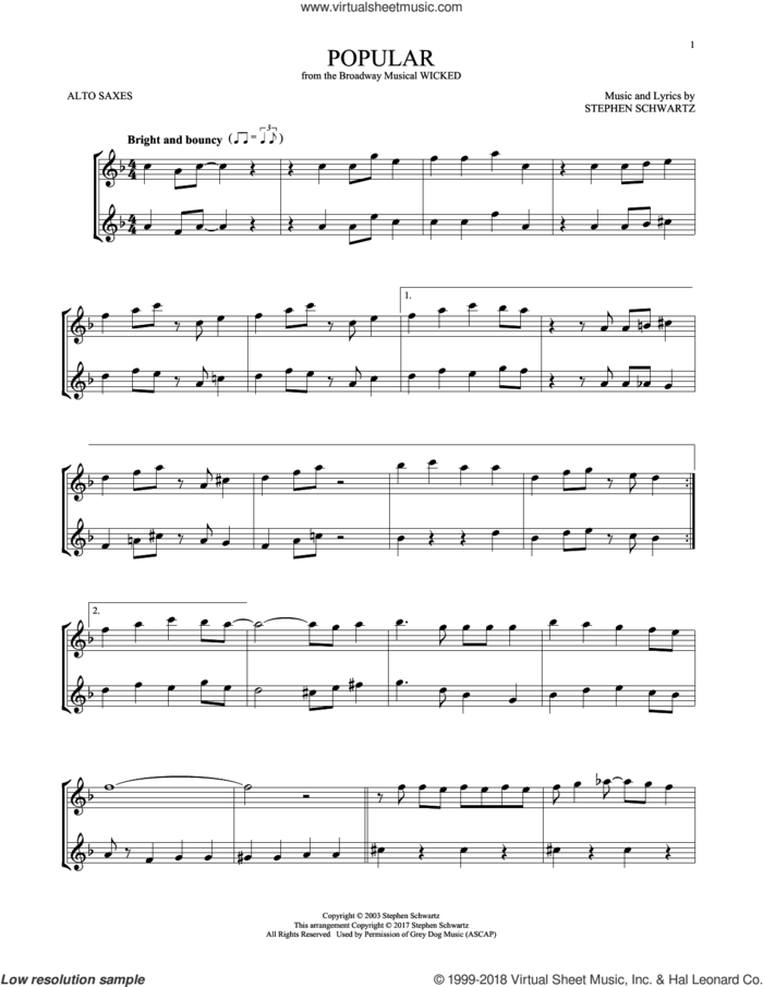 Popular (from Wicked) sheet music for two alto saxophones (duets) by Stephen Schwartz, intermediate skill level