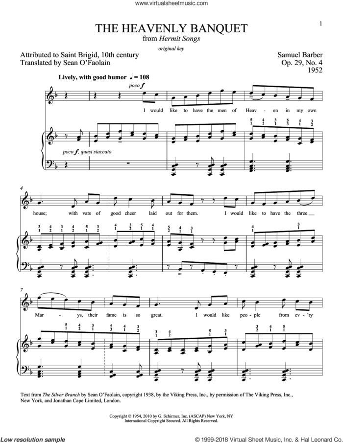 The Heavenly Banquet, Op. 29, No. 4 sheet music for voice and piano (High Voice) by Samuel Barber and Richard Walters, intermediate skill level