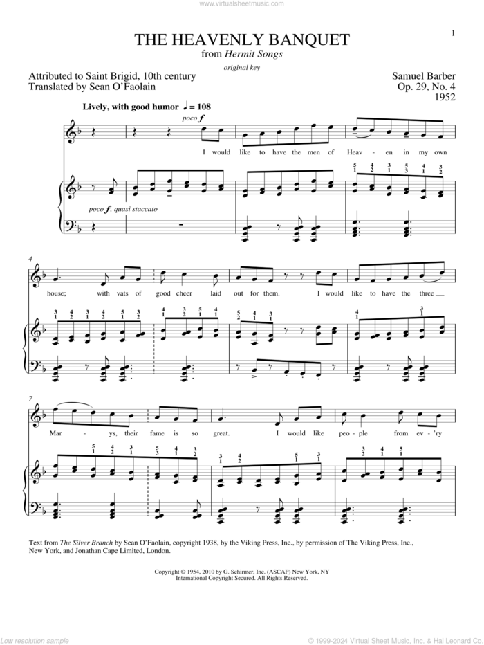 The Heavenly Banquet, Op. 29, No. 4 sheet music for voice and piano (High Voice) by Samuel Barber and Richard Walters, intermediate skill level