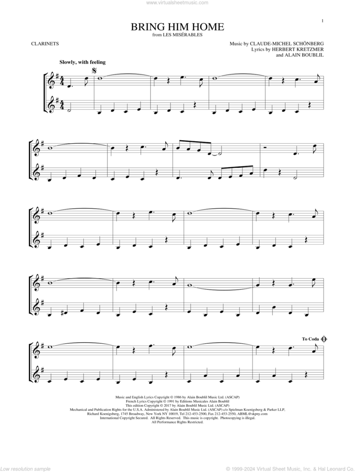 Bring Him Home sheet music for two clarinets (duets) by Alain Boublil, Claude-Michel Schonberg, Claude-Michel Schonberg and Herbert Kretzmer, intermediate skill level