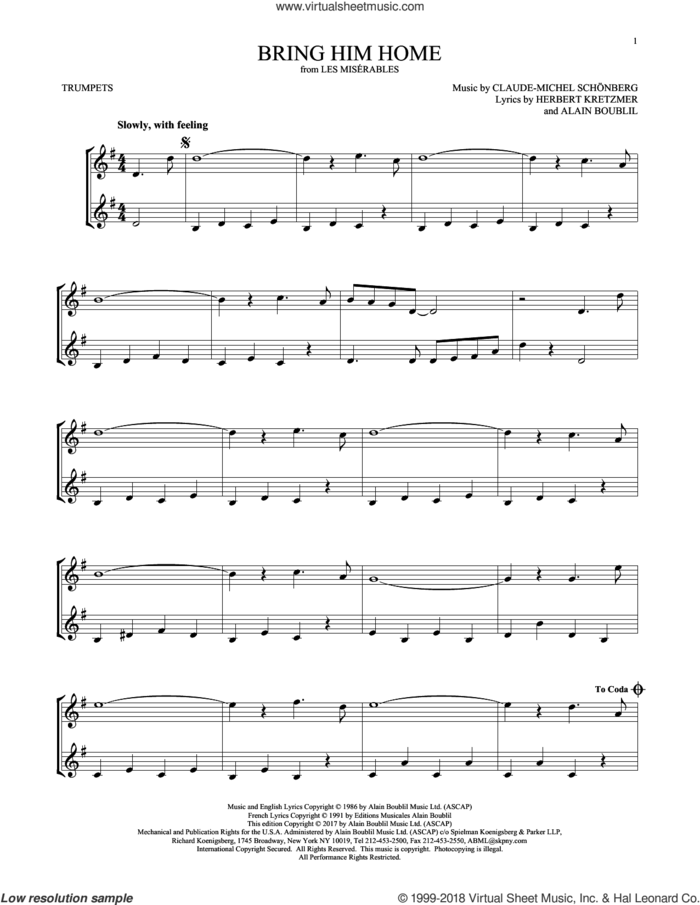 Bring Him Home sheet music for two trumpets (duet, duets) by Alain Boublil, Claude-Michel Schonberg, Claude-Michel Schonberg and Herbert Kretzmer, intermediate skill level
