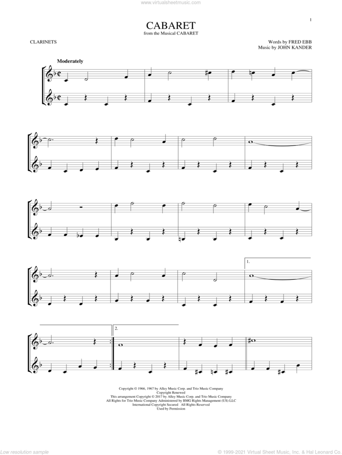 Cabaret sheet music for two clarinets (duets) by John Kander, Herb Alpert & The Tijuana Brass, Fred Ebb and Kander & Ebb, intermediate skill level