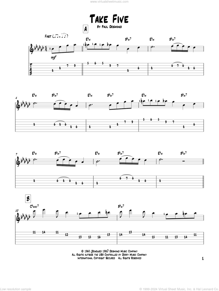 Take Five sheet music for guitar solo by Paul Desmond, intermediate skill level