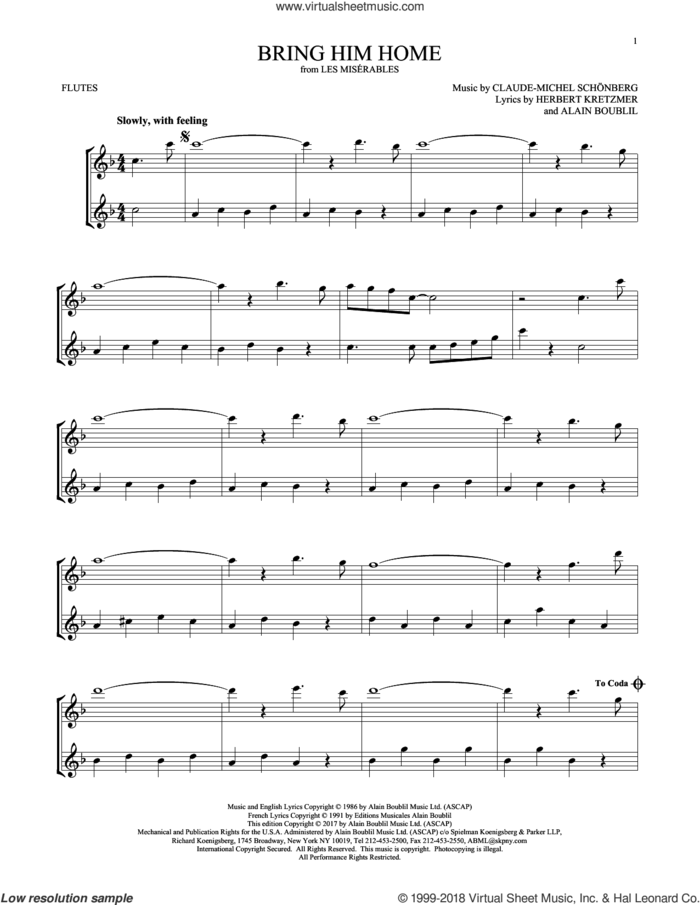Bring Him Home sheet music for two flutes (duets) by Alain Boublil, Claude-Michel Schonberg, Claude-Michel Schonberg and Herbert Kretzmer, intermediate skill level