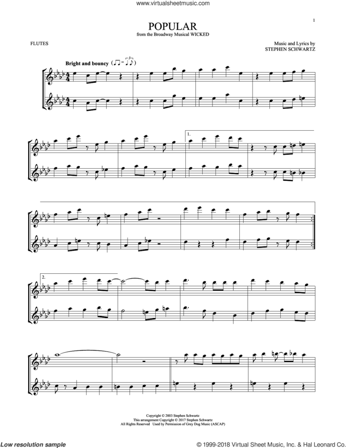 Popular (from Wicked) sheet music for two flutes (duets) by Stephen Schwartz, intermediate skill level