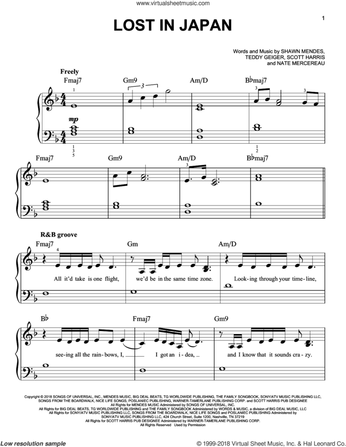 Lost In Japan sheet music for piano solo by Shawn Mendes, Nate Mercereau, Scott Harris and Teddy Geiger, beginner skill level