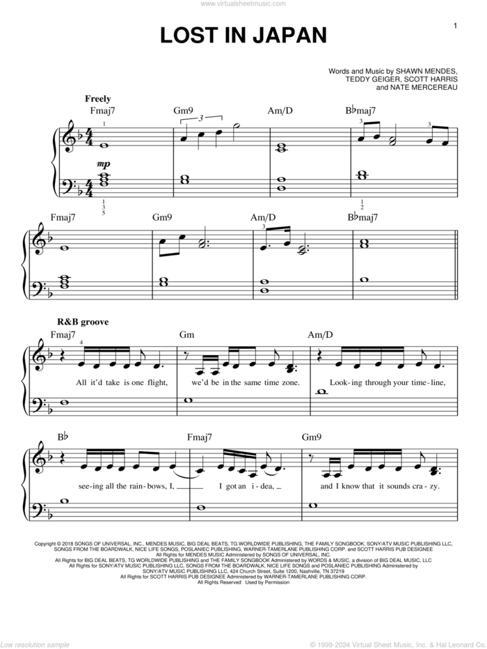 Lost In Japan sheet music for piano solo by Shawn Mendes, Nate Mercereau, Scott Harris and Teddy Geiger, beginner skill level