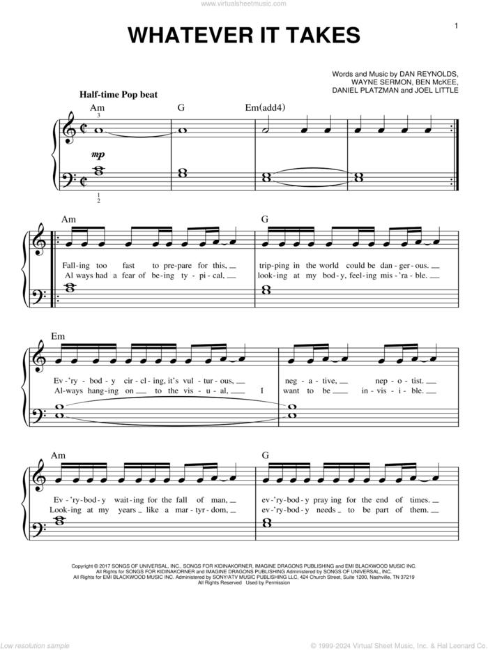 Whatever It Takes sheet music for piano solo by Imagine Dragons, Ben McKee, Dan Reynolds, Daniel Platzman, Joel Little and Wayne Sermon, beginner skill level