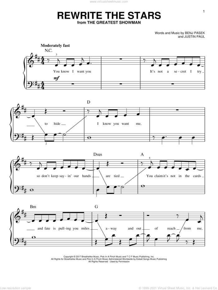 Rewrite The Stars (from The Greatest Showman) sheet music for piano solo by Zac Efron & Zendaya, Pasek & Paul, Benj Pasek and Justin Paul, beginner skill level