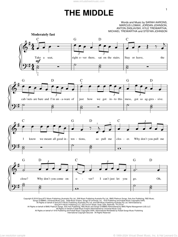 The Middle sheet music for piano solo by Zedd, Maren Morris & Grey, Anton Zaslavski, Jordan Johnson, Kyle Trewartha, Marcus Lomax, Michael Trewartha, Sarah Aarons and Stefan Johnson, beginner skill level