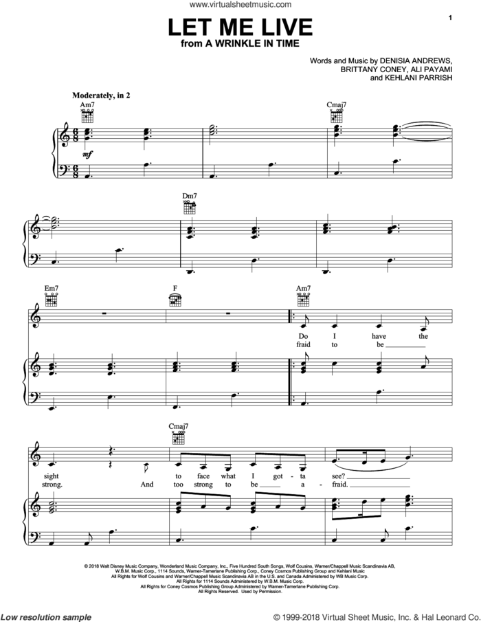 Let Me Live (from A Wrinkle In Time) sheet music for voice, piano or guitar by Ali Payami, Brittany Coney, Denisia Andrews and Kehlani Parrish, intermediate skill level