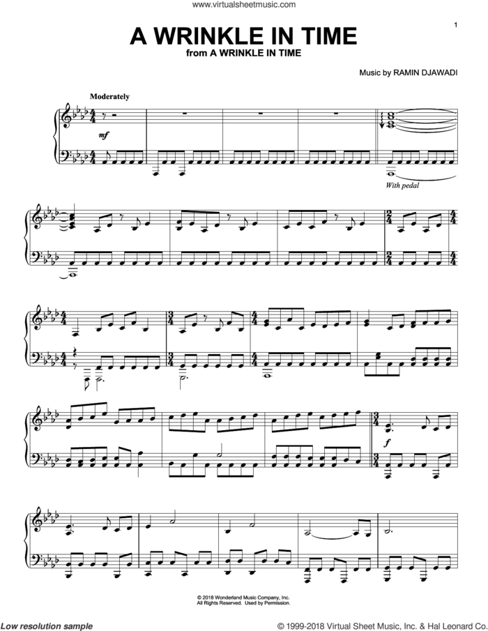 A Wrinkle In Time sheet music for piano solo by Ramin Djawadi, intermediate skill level
