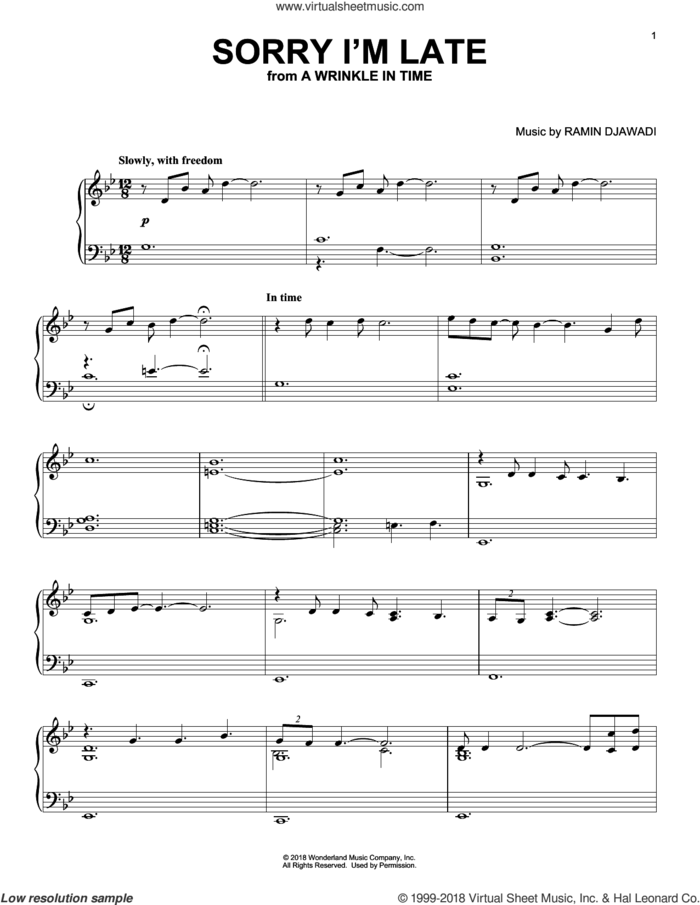 Sorry I'm Late (from A Wrinkle In Time) sheet music for piano solo by Ramin Djawadi, intermediate skill level