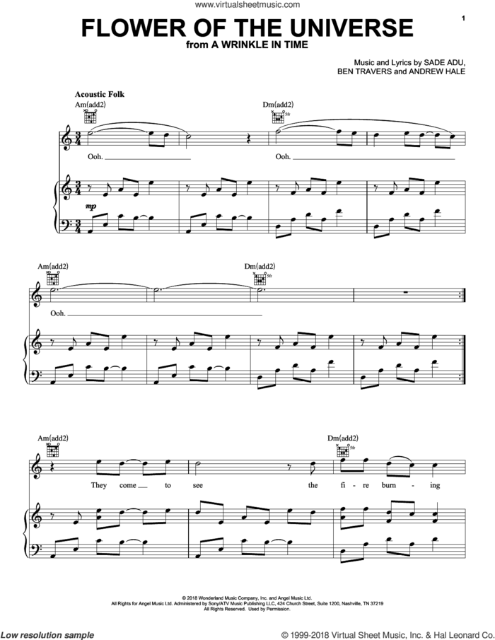 Flower Of The Universe (from A Wrinkle In Time) sheet music for voice, piano or guitar by Sade Adu, Andrew Hale and Ben Travers, intermediate skill level