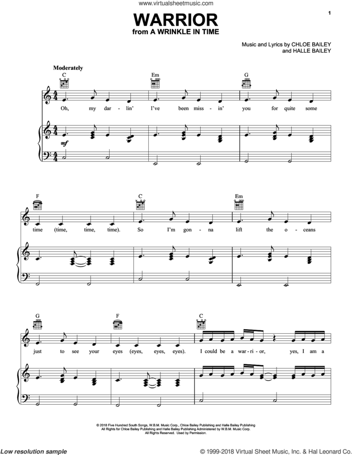 Warrior (from A Wrinkle In Time) sheet music for voice, piano or guitar by Halle Bailey and Chloe Bailey, intermediate skill level