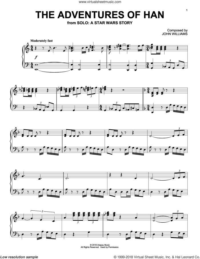 The Adventures Of Han (from Solo: A Star Wars Story) sheet music for piano solo by John Williams, intermediate skill level