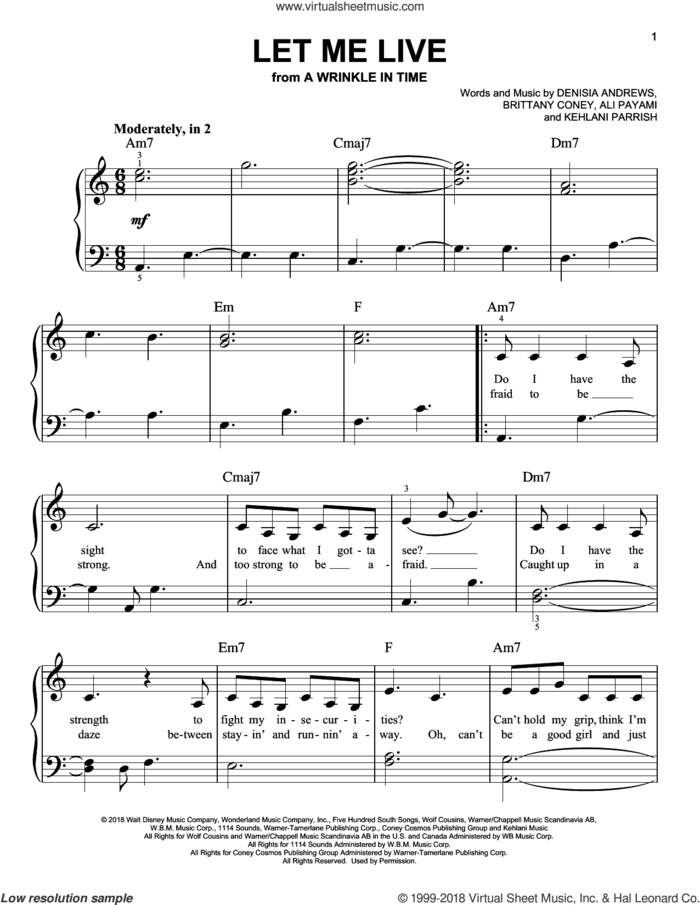 Let Me Live (from A Wrinkle In Time) sheet music for piano solo by Ali Payami, Brittany Coney, Denisia Andrews and Kehlani Parrish, easy skill level