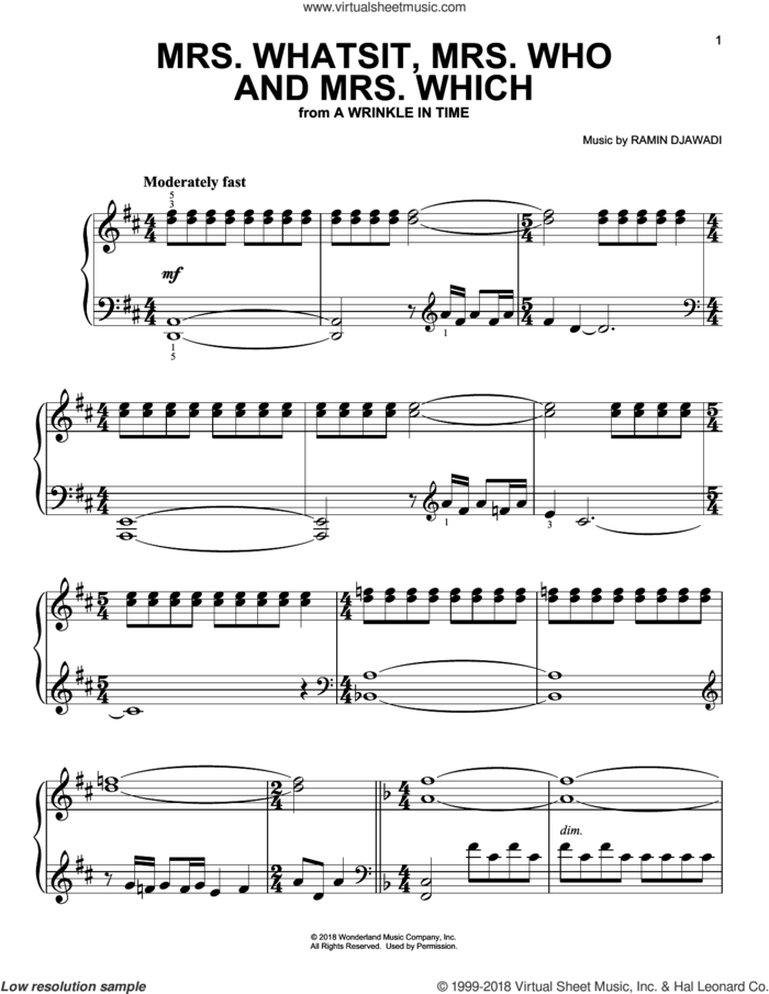 Mrs. Whatsit, Mrs. Who and Mrs. Which (from A Wrinkle In Time) sheet music for piano solo by Ramin Djawadi, easy skill level