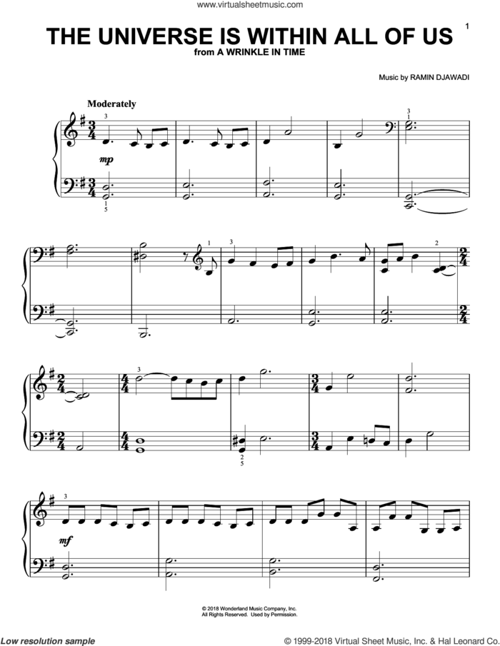 The Universe Is Within All Of Us (from A Wrinkle In Time) sheet music for piano solo by Ramin Djawadi, easy skill level