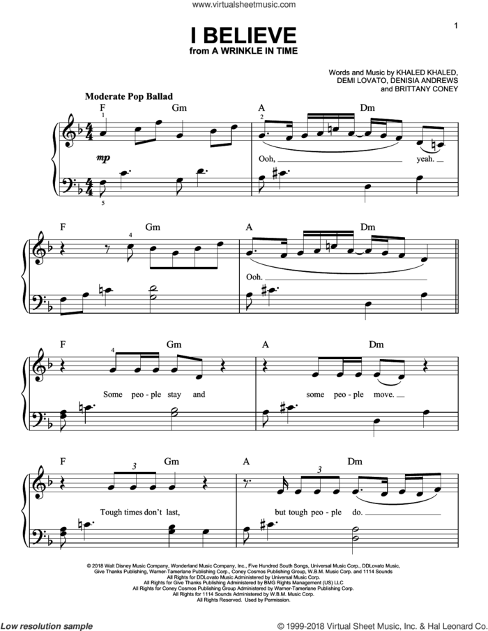 I Believe sheet music for piano solo by DJ Khaled and Demi Lovato, Brittany Coney, Demi Lovato, Denisia Andrews and Khaled Khaled, easy skill level