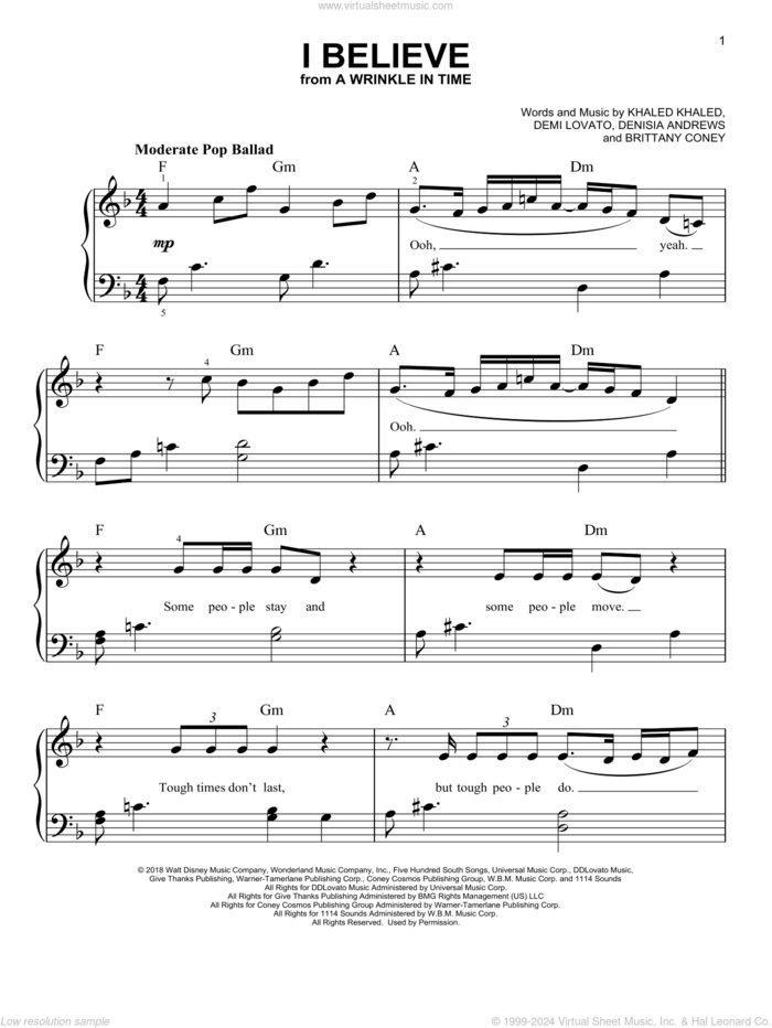 I Believe sheet music for piano solo by DJ Khaled and Demi Lovato, Brittany Coney, Demi Lovato, Denisia Andrews and Khaled Khaled, easy skill level