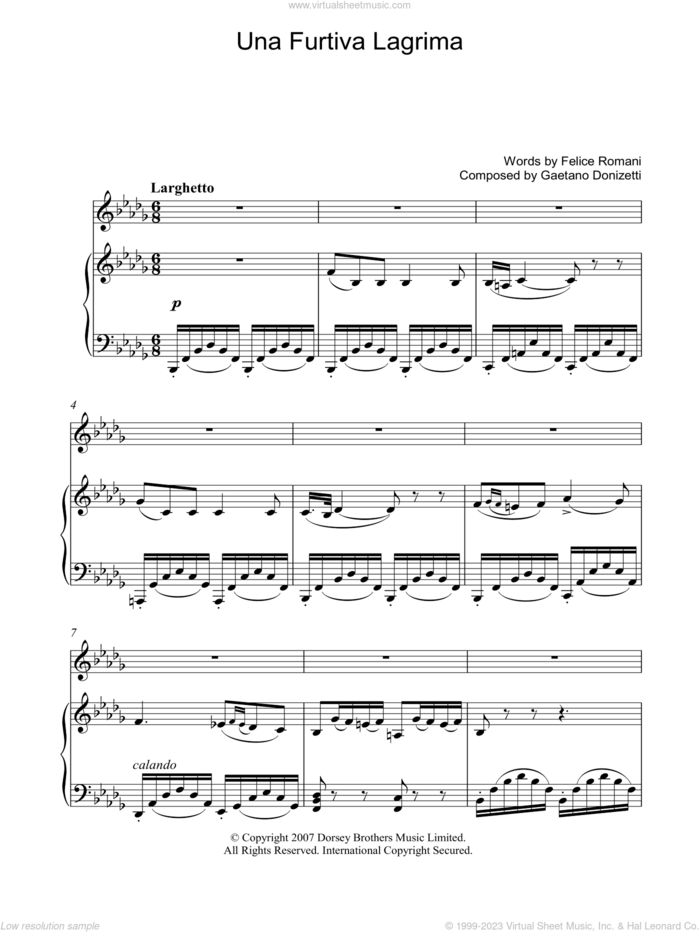 Una Furtiva Lagrima (A Furtive Tear) sheet music for voice, piano or guitar by Luciano Pavarotti, Gaetano Donizetti and Felice Romani, classical score, intermediate skill level