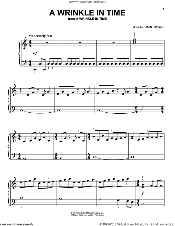 A Wrinkle In Time sheet music for piano solo by Ramin Djawadi, easy skill level