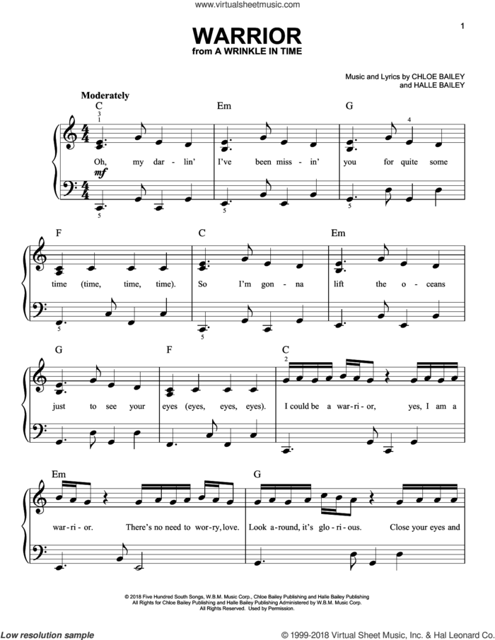 Warrior (from A Wrinkle In Time) sheet music for piano solo by Chloe Bailey and Halle Bailey, easy skill level