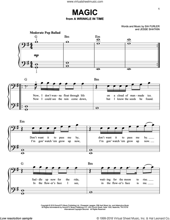 Magic (from A Wrinkle In Time) sheet music for piano solo by Sia, Jesse Shatkin and Sia Furler, easy skill level