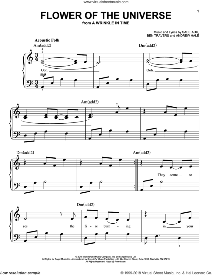 Flower Of The Universe (from A Wrinkle In Time) sheet music for piano solo by Sade Adu, Andrew Hale and Ben Travers, easy skill level