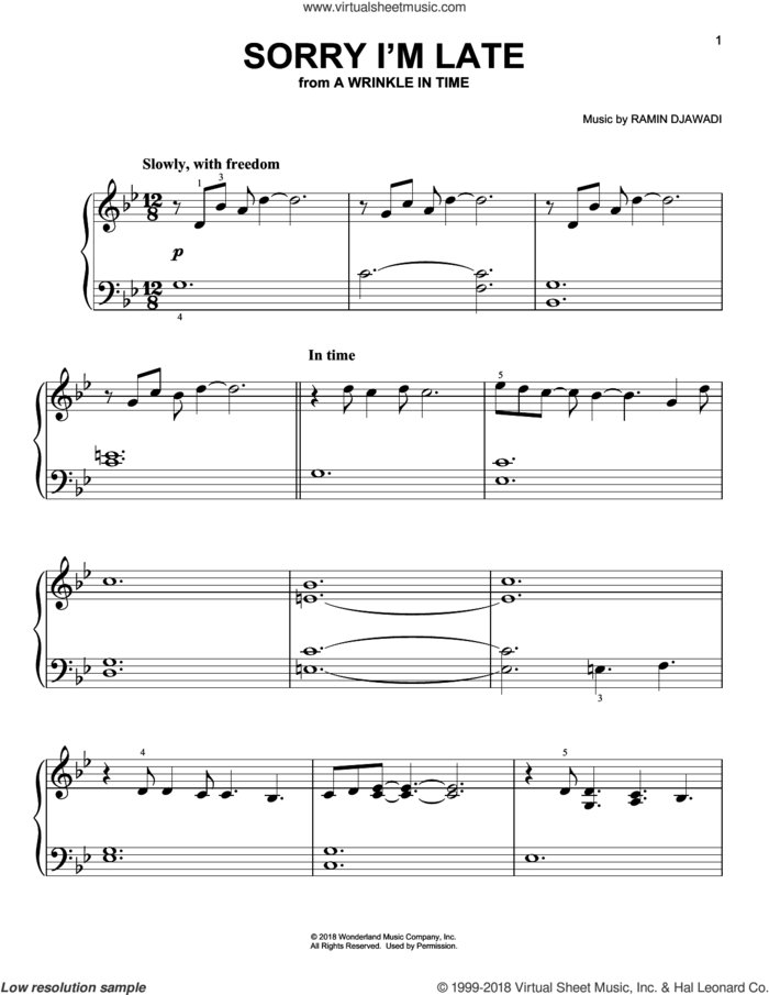 Sorry I'm Late (from A Wrinkle In Time) sheet music for piano solo by Ramin Djawadi, easy skill level