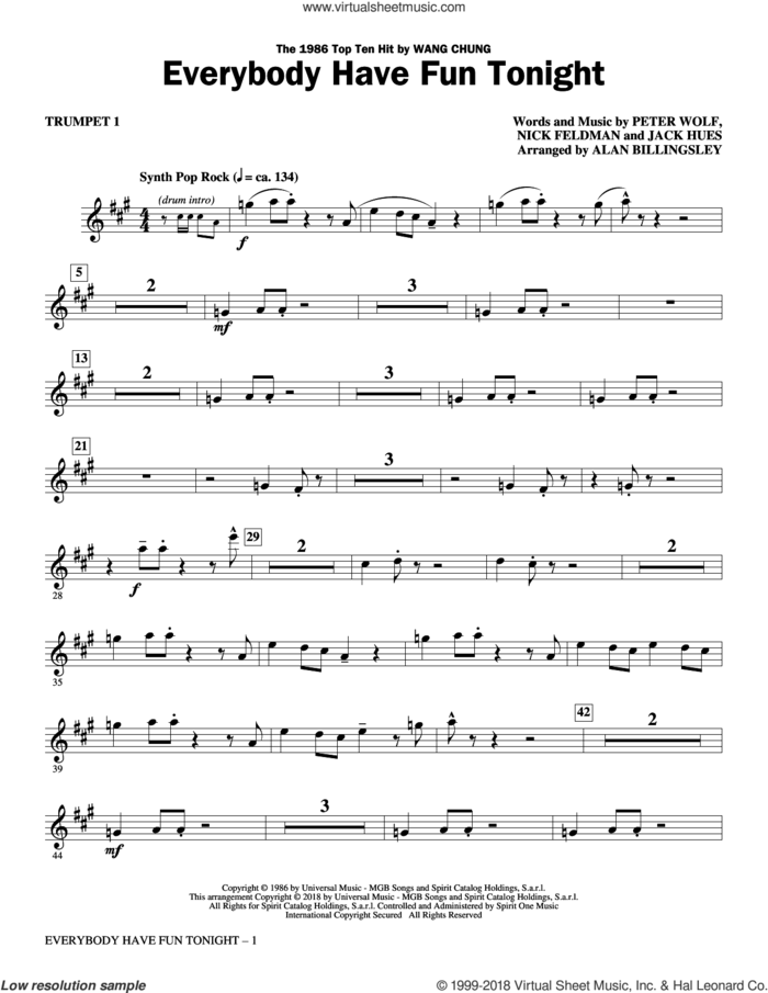 Everybody Have Fun Tonight (arr. Alan Billingsley) (complete set of parts) sheet music for orchestra/band by Alan Billingsley, Jack Hues, Nick Feldman, Peter Wolf and Wang Chung, intermediate skill level
