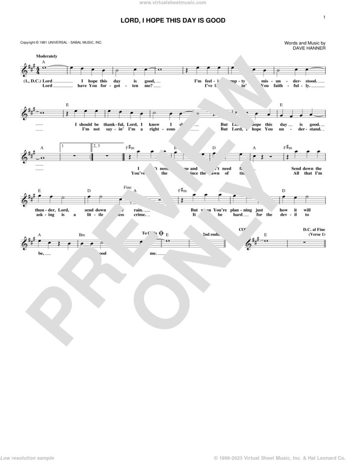 Lord, I Hope This Day Is Good sheet music for voice and other instruments (fake book) by Don Williams and Dave Hanner, intermediate skill level