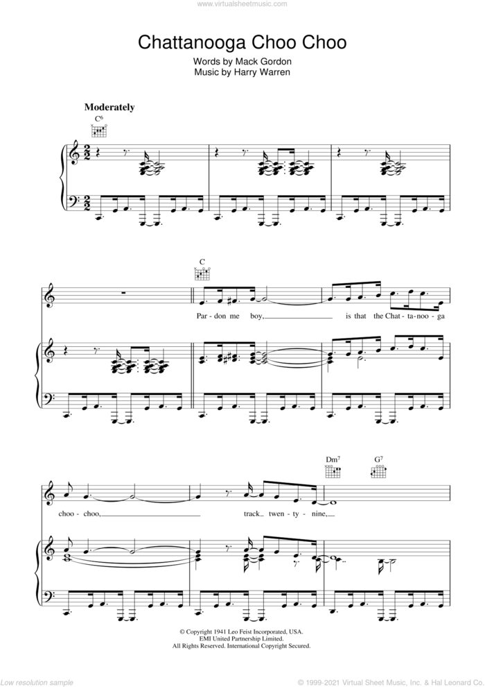 Chattanooga Choo Choo sheet music for voice, piano or guitar by Harry Warren and Mack Gordon, intermediate skill level