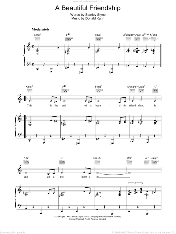 A Beautiful Friendship sheet music for voice, piano or guitar by Donald Khan and Stanley Styne, intermediate skill level
