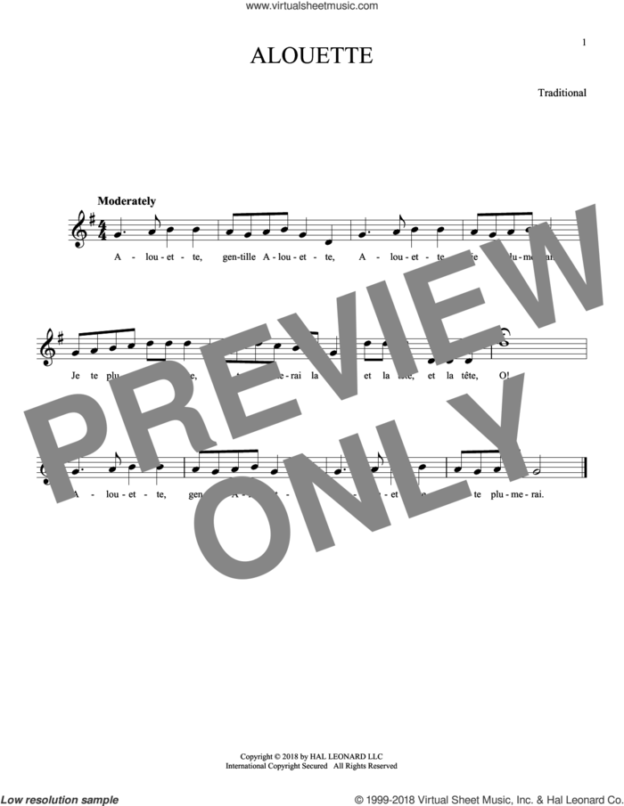 Alouette sheet music for ocarina solo, intermediate skill level