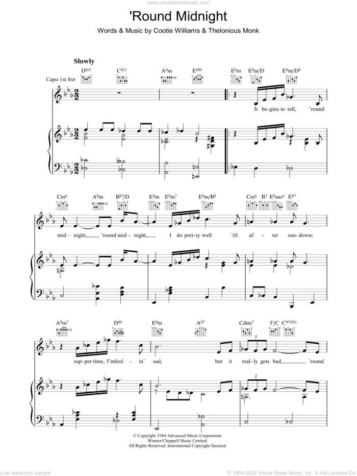 'Round Midnight sheet music for voice, piano or guitar by Thelonious Monk and Cootie Williams, intermediate skill level