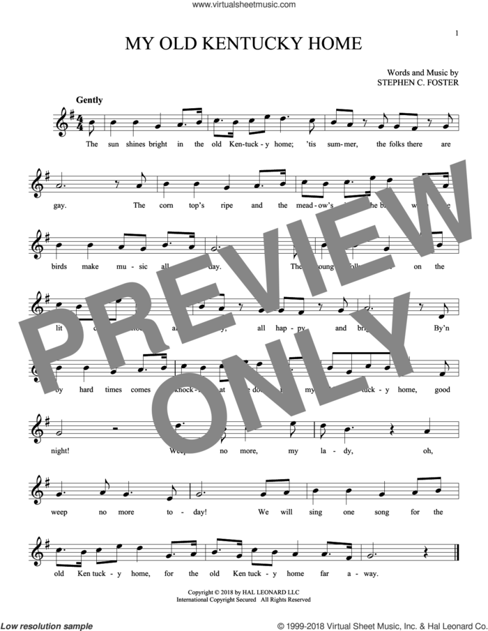 My Old Kentucky Home sheet music for ocarina solo by Stephen Foster, intermediate skill level