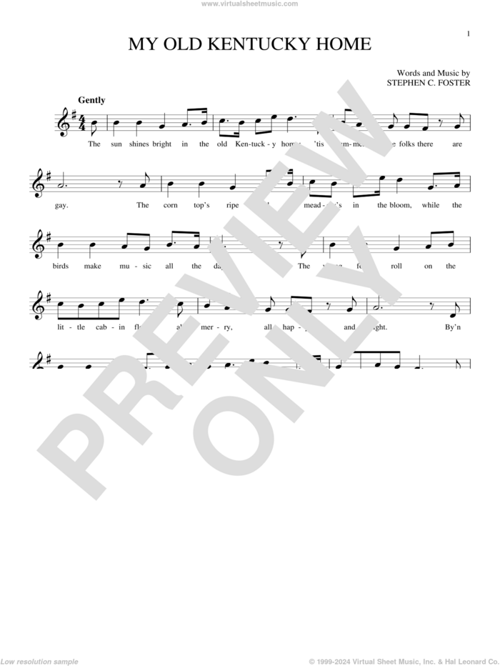 My Old Kentucky Home sheet music for ocarina solo by Stephen Foster, intermediate skill level