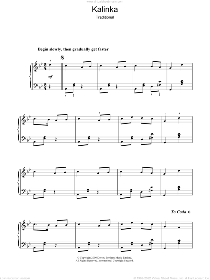 Kalinka sheet music for voice, piano or guitar, intermediate skill level