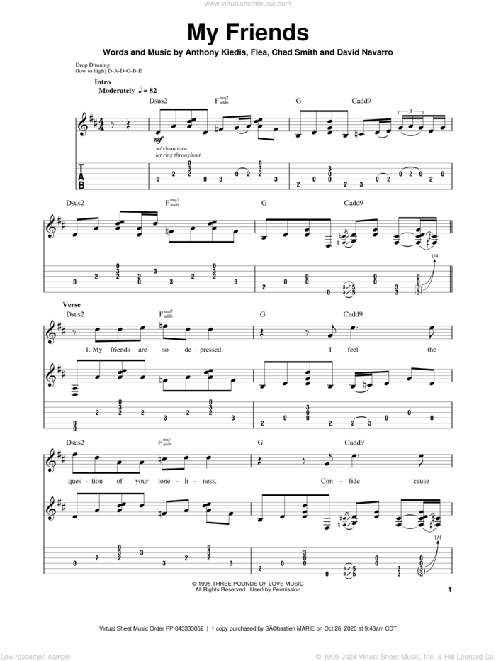 My Friends sheet music for guitar (tablature, play-along) by Red Hot Chili Peppers, Anthony Kiedis, Chad Smith, David Navarro and Flea, intermediate skill level