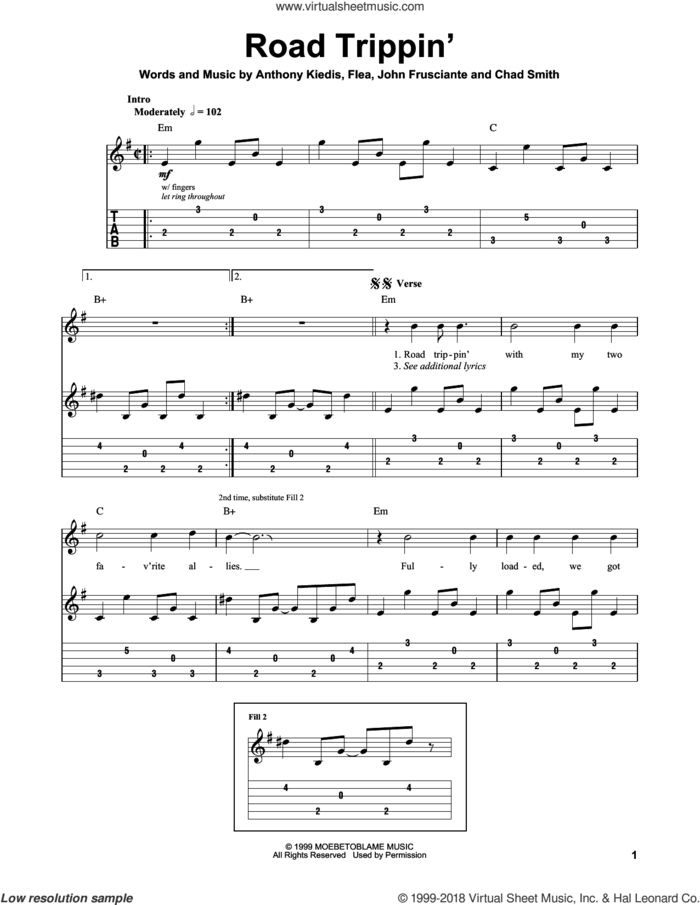 Road Trippin' sheet music for guitar (tablature, play-along) by Red Hot Chili Peppers, Anthony Kiedis, Chad Smith, Flea and John Frusciante, intermediate skill level