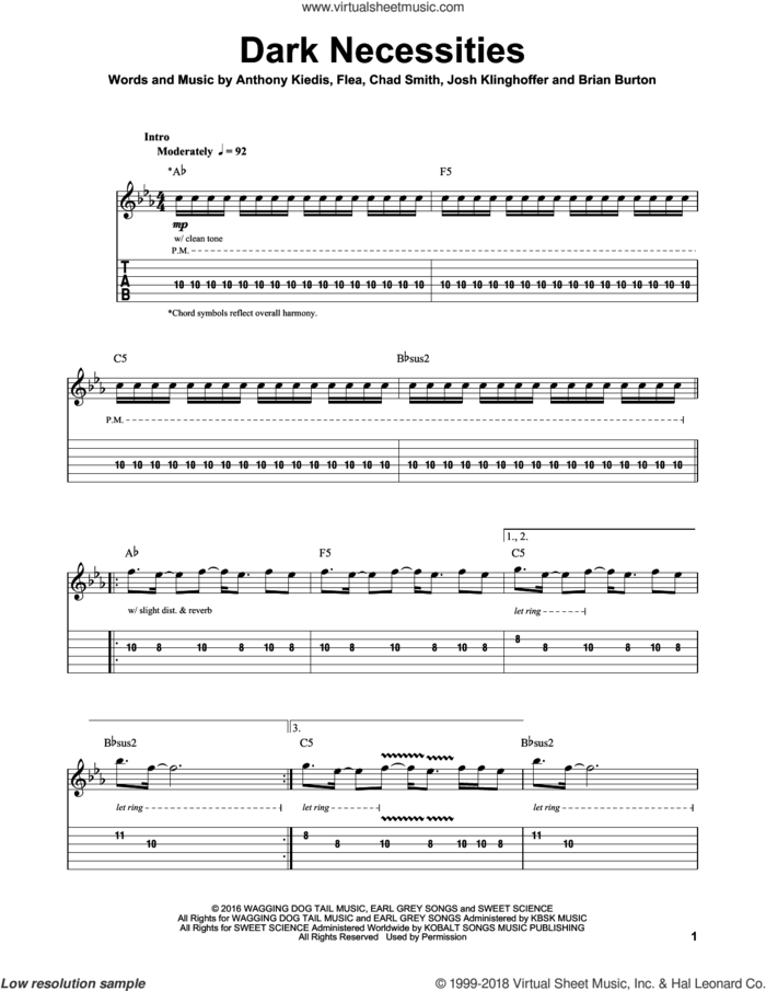 Dark Necessities sheet music for guitar (tablature, play-along) by Red Hot Chili Peppers, Anthony Kiedis, Brian Burton, Chad Smith, Flea and Josh Klinghoffer, intermediate skill level