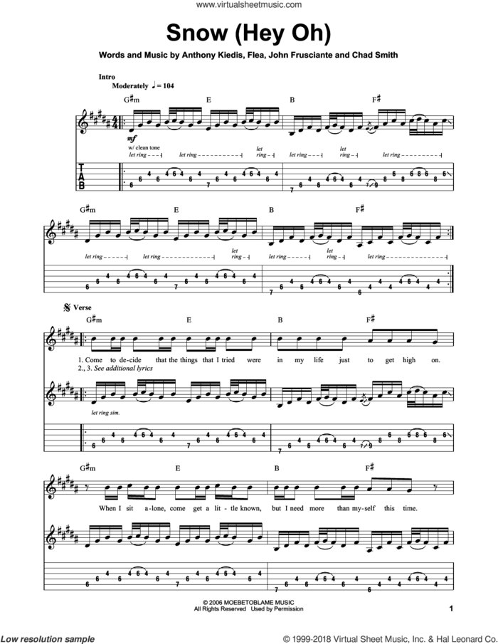 Snow (Hey Oh) sheet music for guitar (tablature, play-along) by Red Hot Chili Peppers, Anthony Kiedis, Chad Smith, Flea and John Frusciante, intermediate skill level