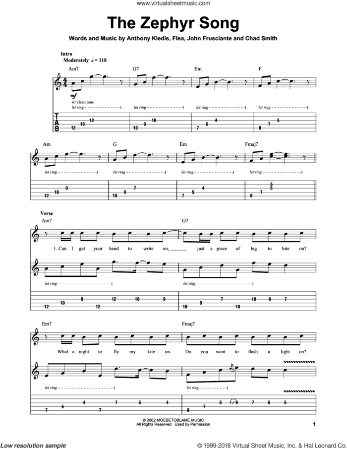 The Zephyr Song sheet music for guitar (tablature, play-along) by Red Hot Chili Peppers, Anthony Kiedis, Chad Smith, Flea and John Frusciante, intermediate skill level
