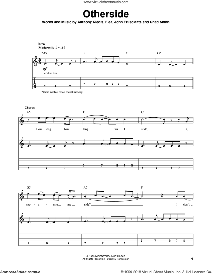 Otherside sheet music for guitar (tablature, play-along) by Red Hot Chili Peppers, Anthony Kiedis, Chad Smith, Flea and John Frusciante, intermediate skill level
