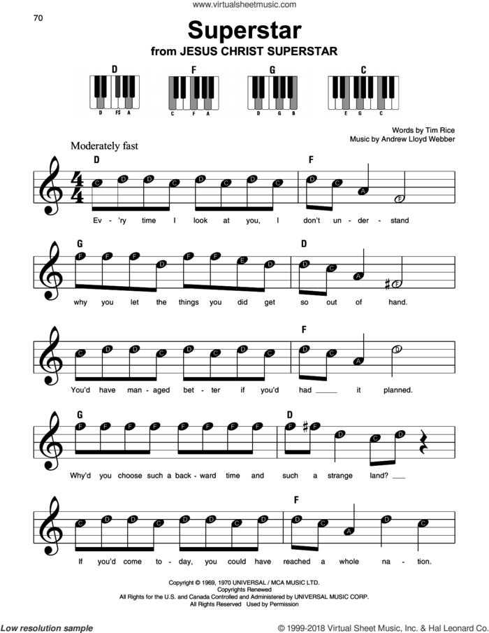 Superstar sheet music for piano solo by Andrew Lloyd Webber, Murray Head w/Trinidad Singers and Tim Rice, beginner skill level